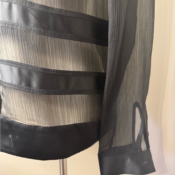 THE KOOPLES Sheer Button Front Striped Shirt w/ Accent Tie Collar BLACK / LARGE - Picture 4 of 15